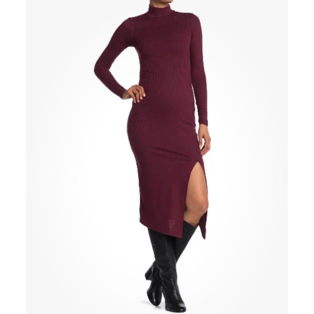 AFRM Midi Dress MEDIUM Malbec Joyce Mock Neck Slit Burgundy REVOLVE‎ Women’s